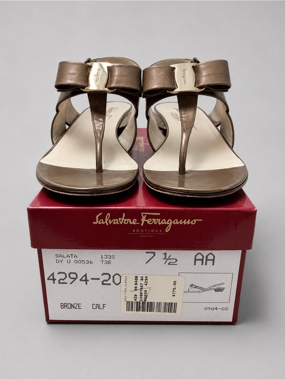 Salvatore Ferragamo Boutique Bronze Leather Bow Sandals – Size 7.5 AA with Box